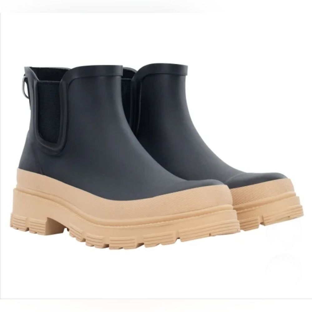 Chooka Women's Dual Tone Waterproof Rubber Rain Boot Black Tan NIB Size 10